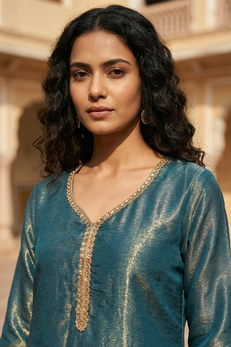 Zari Work Kurta Set - Teal