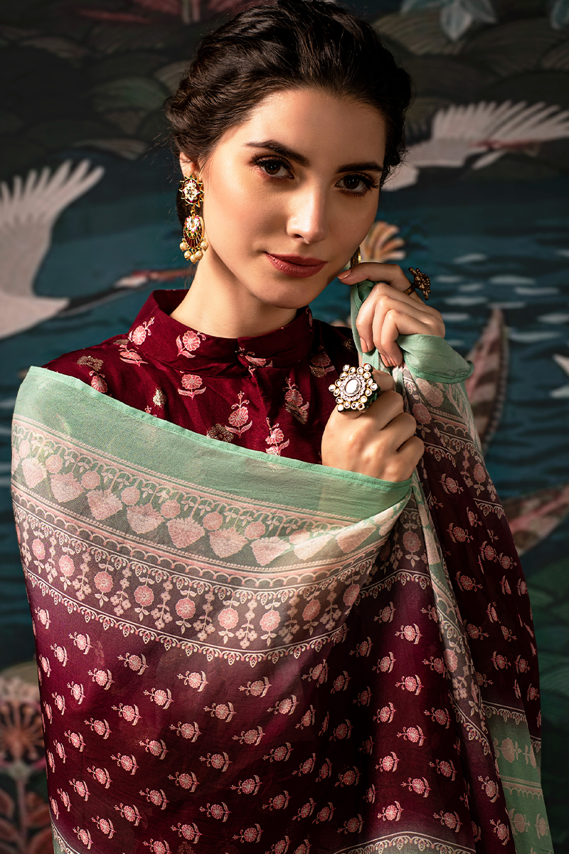 Maroon Dola Silk Jacquard Butti Suit Set with Mint Green Dupatta - 3 Piece