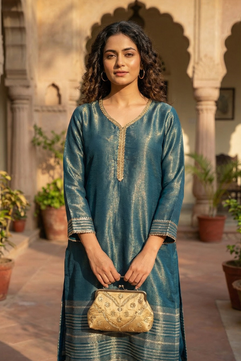 Zari Work Kurta Set - Teal