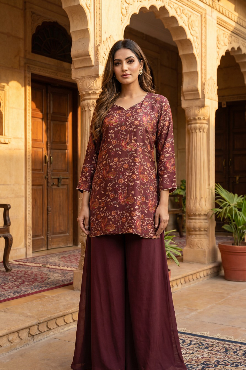 Kalamkari Floral & Paisley Dola Silk Co-Ord Set