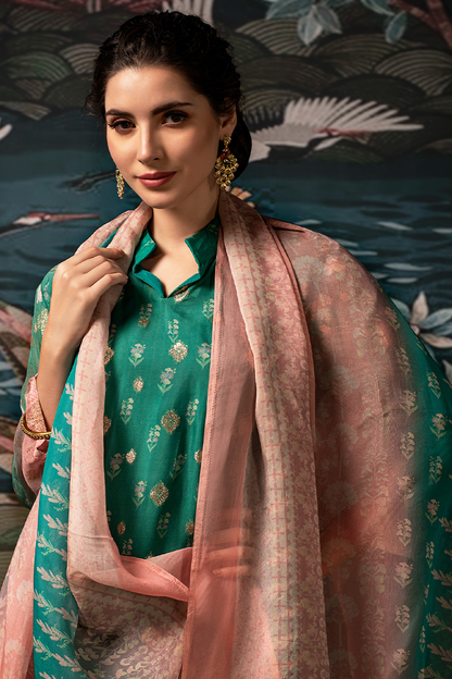 Teal Green Dola Silk Jacquard Butti Suit Set with Blush Pink Dupatta - 3 Piece
