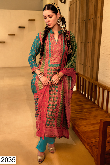 Teal Blue Viscose Muslin Hand Print Suit Set with Sage Green Dupatta - 3 Piece
