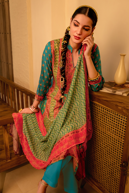 Teal Blue Viscose Muslin Hand Print Suit Set with Sage Green Dupatta - 3 Piece