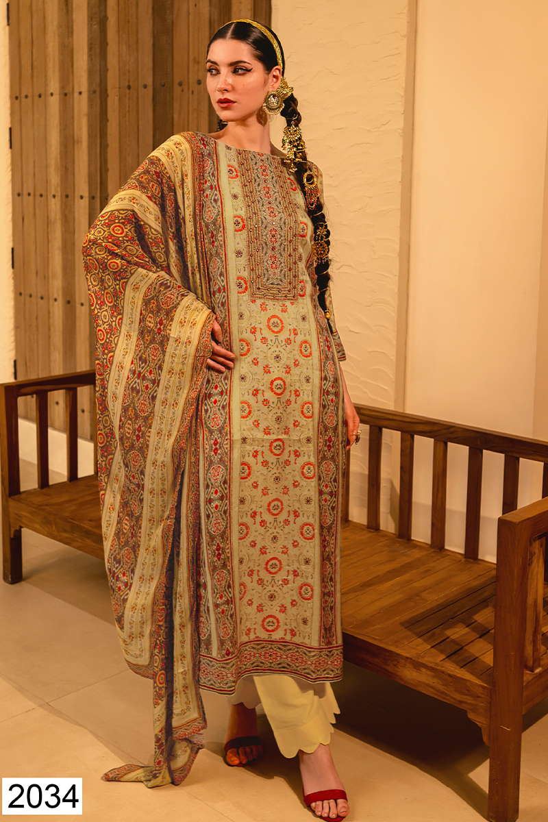 Sage Green Viscose Muslin Hand Print Suit Set with Multicolour Dupatta - 3 Piece