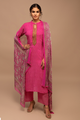 Magenta Viscose Muslin Hand Block Print Suit Set with Mauve Floral Dupatta - 3 Piece