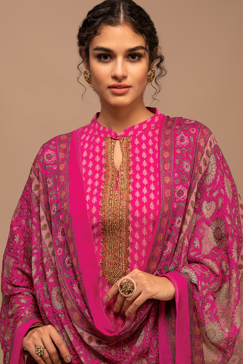 Magenta Viscose Muslin Hand Block Print Suit Set with Mauve Floral Dupatta - 3 Piece