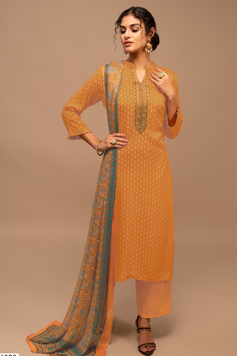 Mustard Viscose Muslin Suit Set with Multicolour Floral Dupatta - 3 Piece