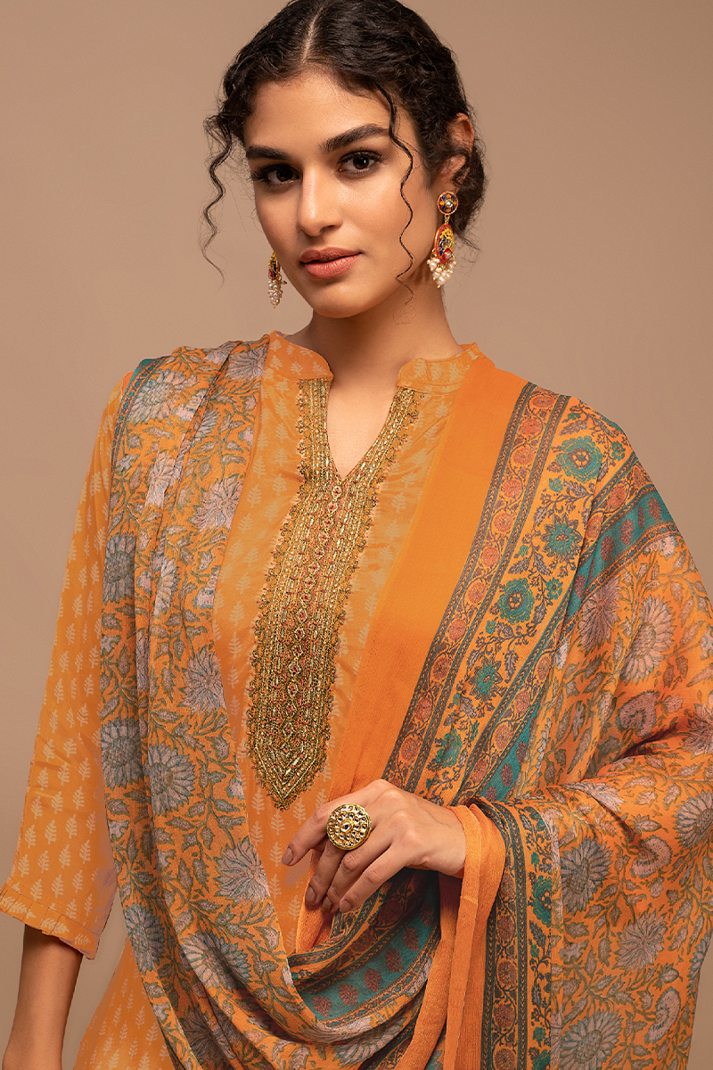 Mustard Viscose Muslin Suit Set with Multicolour Floral Dupatta - 3 Piece