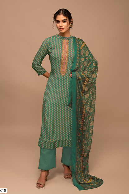 Teal Viscose Muslin Buti Block Print Suit Set with Multicolour Floral Dupatta - 3 Piece