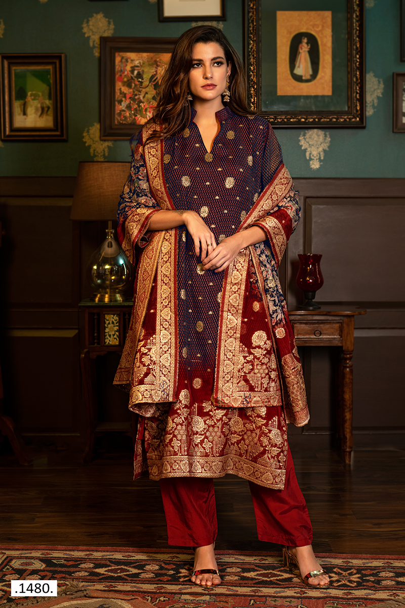 Navy Blue Heavy Organza Jacquard Butti Suit Set with Maroon Banarasi Floral Dupatta - 3 Piece