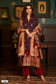 Navy Blue Heavy Organza Jacquard Butti Suit Set with Maroon Banarasi Floral Dupatta - 3 Piece