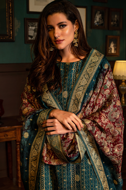 Teal Heavy Organza Jacquard Butti Suit Set with Maroon Multicolour Floral Dupatta - 3 Piece