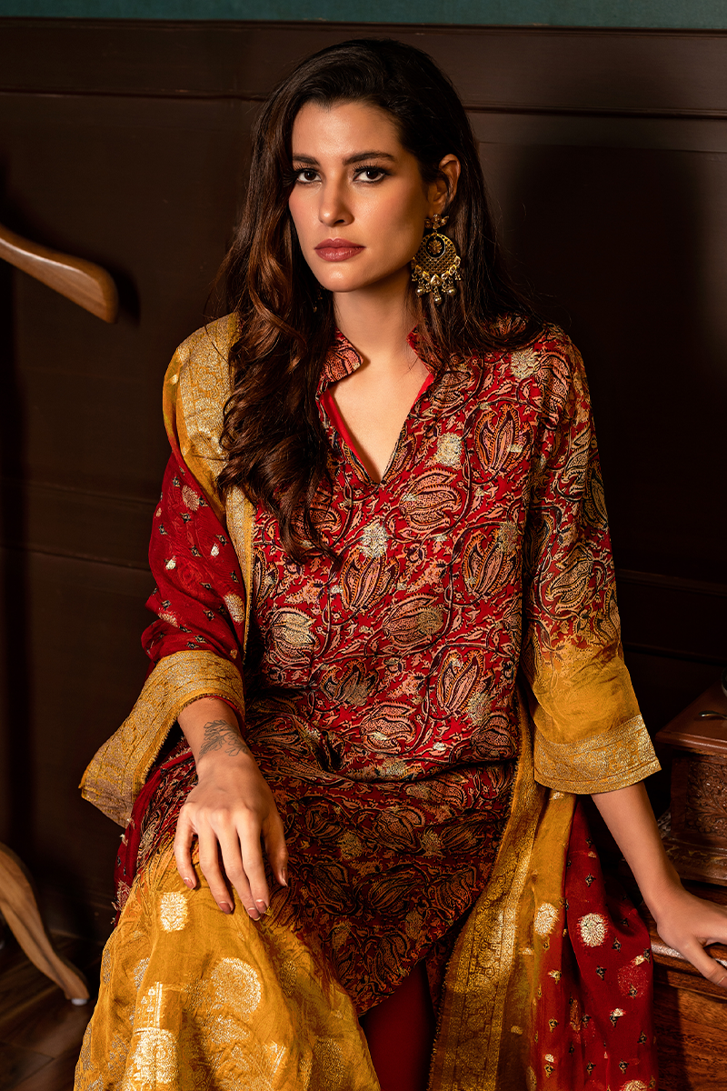 Red Heavy Organza Kalamkari Paisley Print Suit Set with Mustard Gold Banarasi Dupatta - 3 Piece