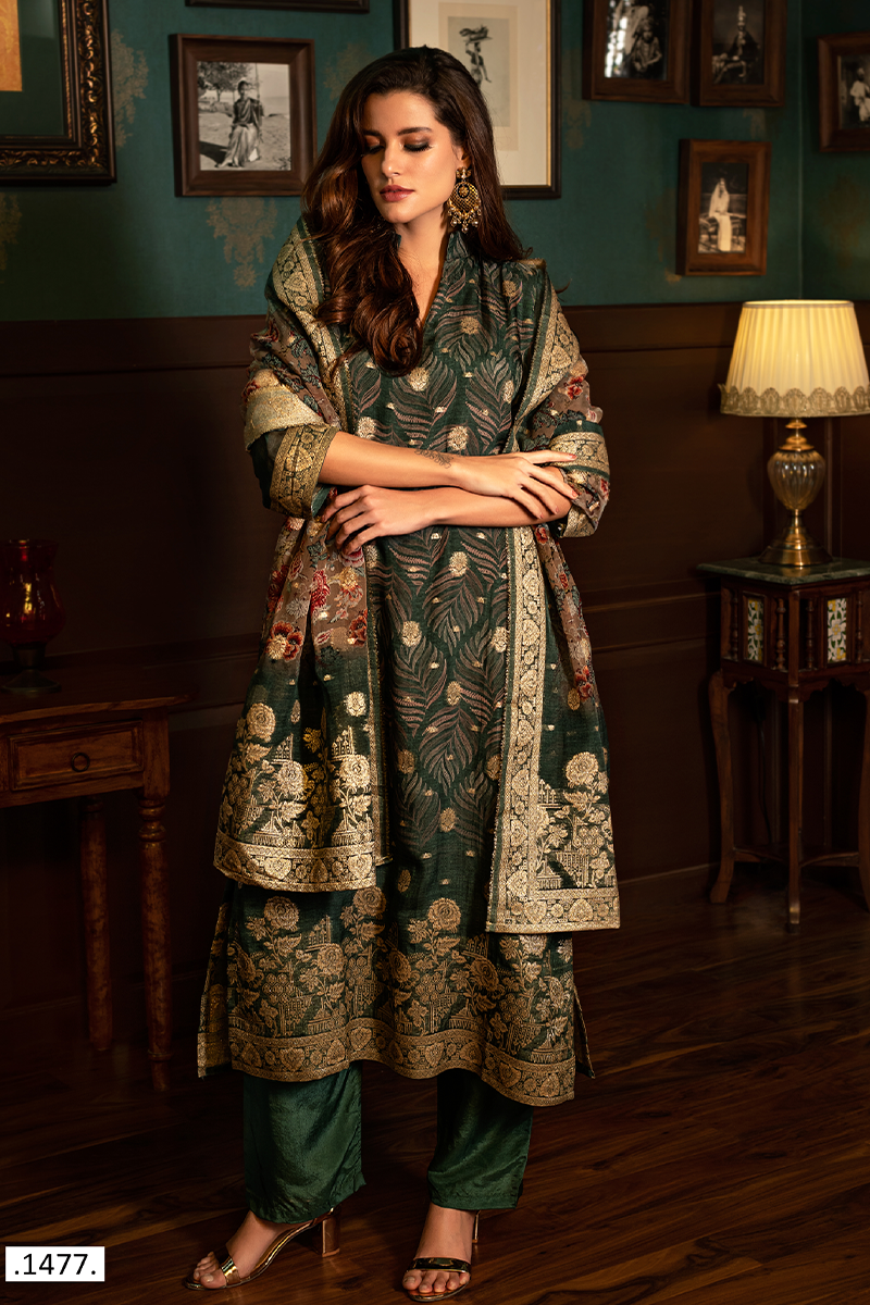 Dark Green Heavy Organza Kalamkari Feather & Floral Print Suit Set with Multicolour Banarasi Dupatta - 3 Piece