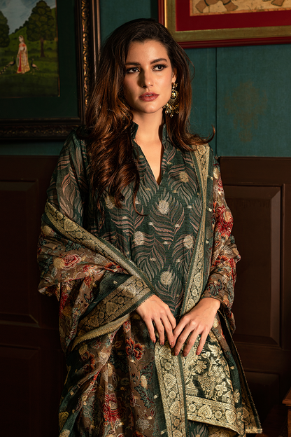 Dark Green Heavy Organza Kalamkari Feather & Floral Print Suit Set with Multicolour Banarasi Dupatta - 3 Piece
