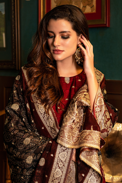 Maroon Heavy Organza Jacquard Butti Suit Set with Black Banarasi Dupatta - 3 Piece