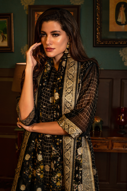 Black Heavy Organza Chikankari Grid & Jacquard Butti Suit Set with Black Banarasi Floral Dupatta - 3 Piece
