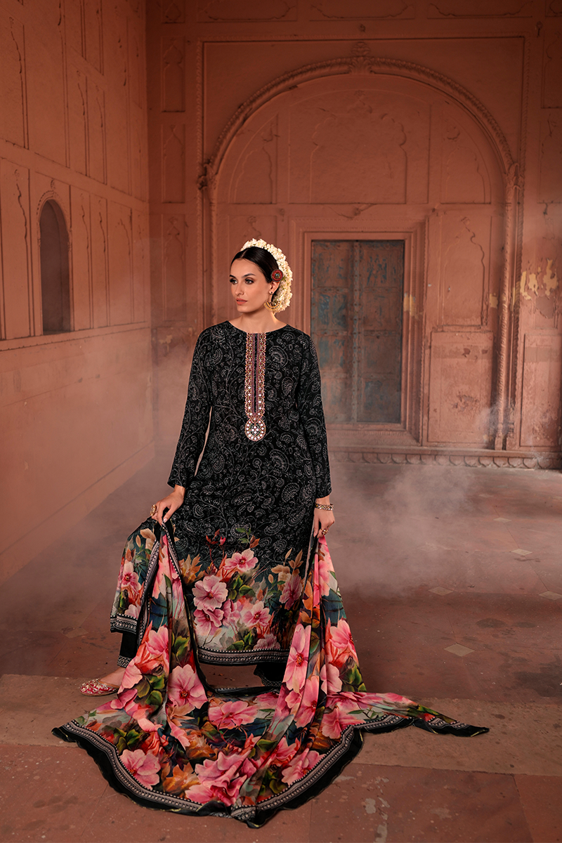 Black Heavy Organza Chikankari Grid & Jacquard Butti Suit Set with Banarasi Floral Dupatta - 3 Piece
