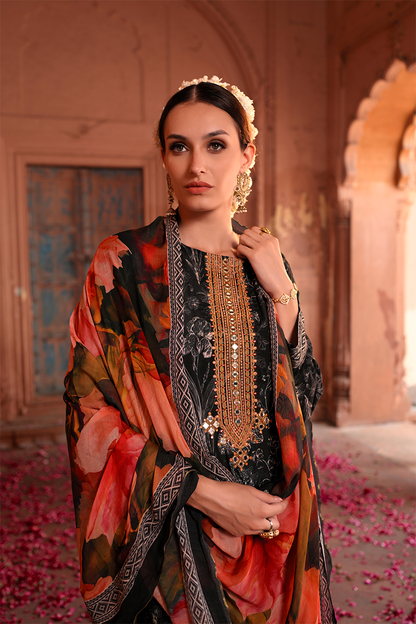 Black Heavy Organza Chikankari Grid & Jacquard Butti Suit Set with Banarasi Floral Dupatta - 3 Piece