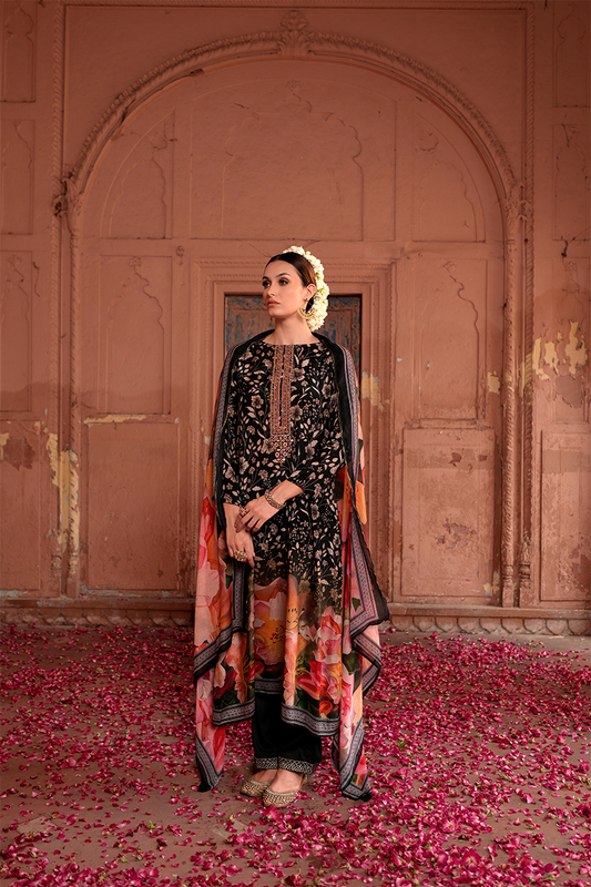 Black Heavy Organza Chikankari Grid & Jacquard Butti Suit Set with Banarasi Floral Dupatta - 3 Piece