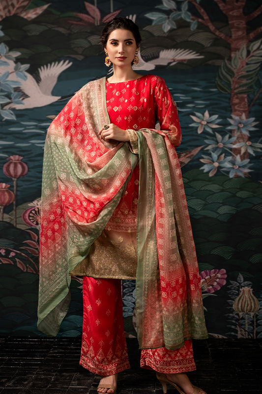 Crimson Red Dola Silk Jacquard Butti Suit Set with Sage Green Dupatta - 3 Piece