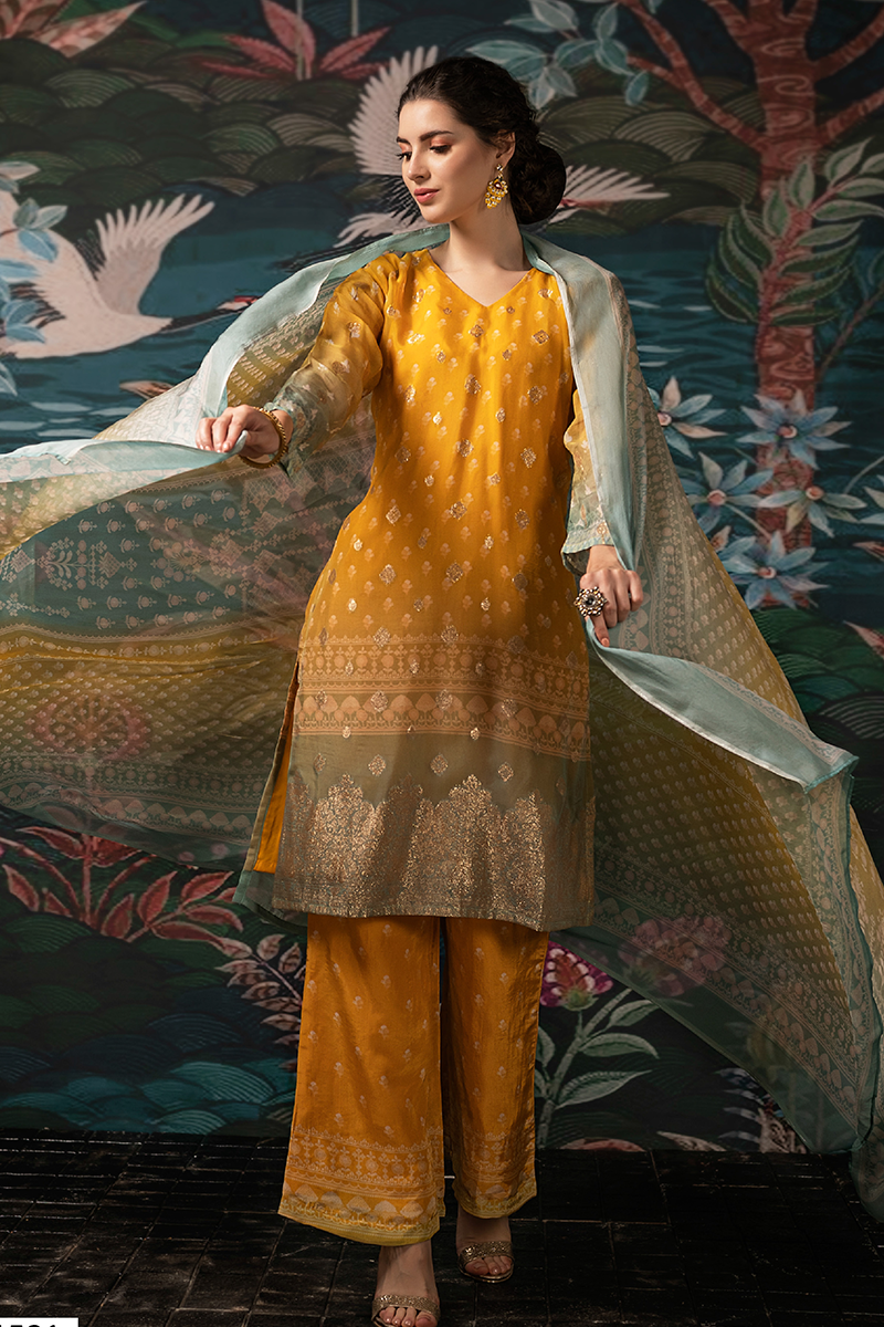 Mustard Yellow Dola Silk Jacquard Butti Suit Set with Mint Dupatta - 3 Piece