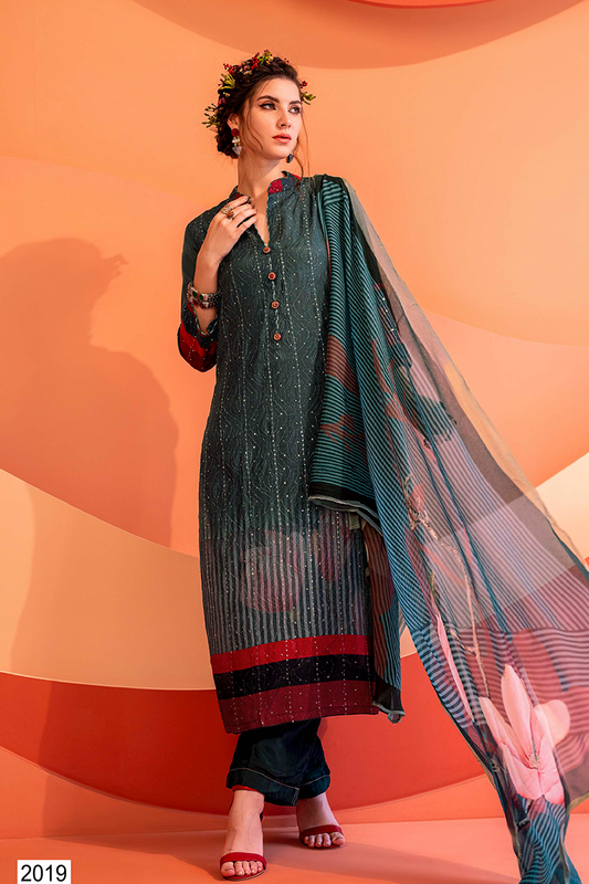 Deep Teal Muslin Sequin Suit Set with Floral Striped Dupatta - 3 Piece