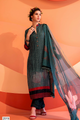 Deep Teal Muslin Sequin Suit Set with Floral Striped Dupatta - 3 Piece