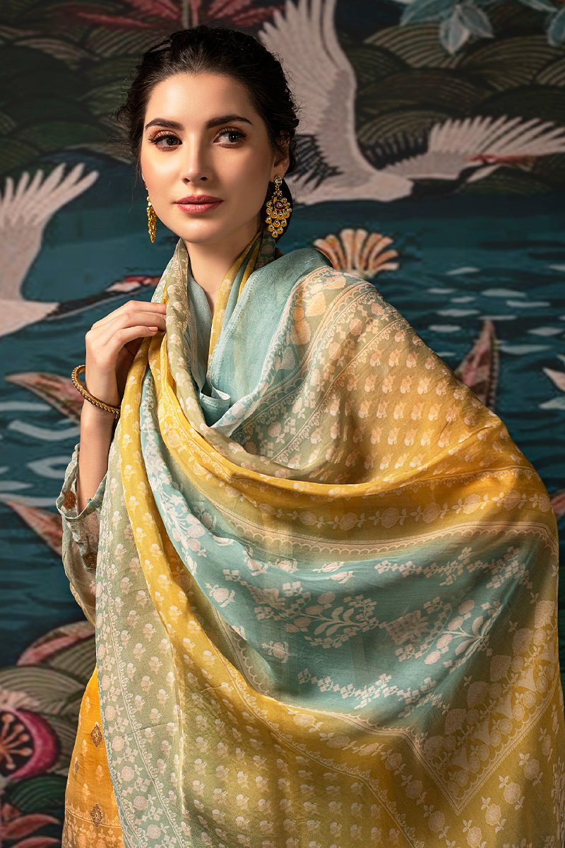 Mustard Yellow Dola Silk Jacquard Butti Suit Set with Mint Dupatta - 3 Piece