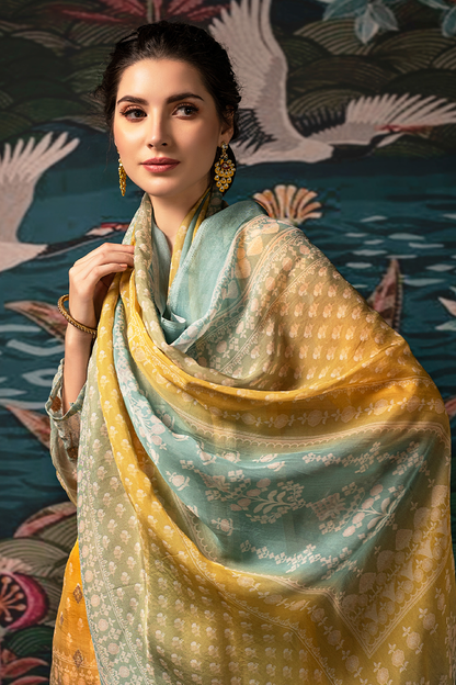 Mustard Yellow Dola Silk Jacquard Butti Suit Set with Mint Dupatta - 3 Piece