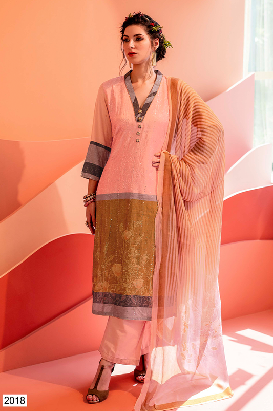 Blush Pink Muslin Sequin Suit Set with Olive Hem & Striped Dupatta - 3 Piece