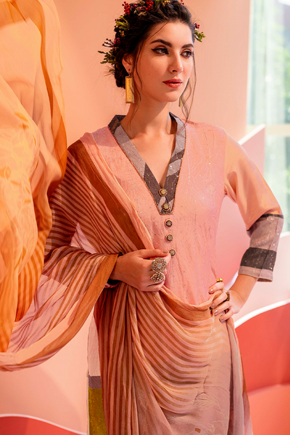 Blush Pink Muslin Sequin Suit Set with Olive Hem & Striped Dupatta - 3 Piece