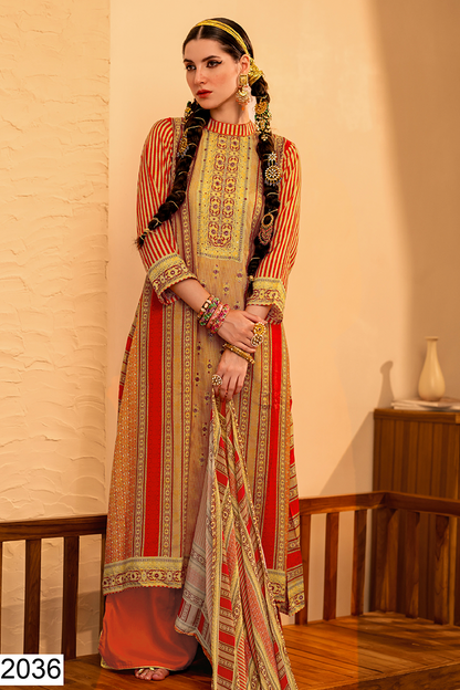 Beige Viscose Muslin Hand Embroidered Suit Set with Rust Palazzo - 3 Piece