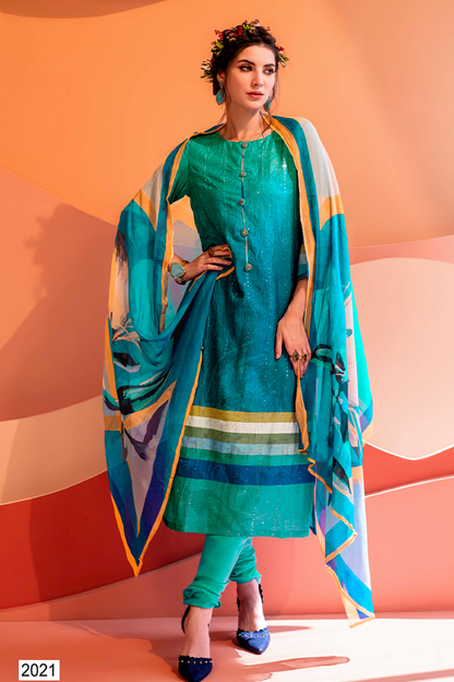 Teal Muslin Sequin Suit Set with Abstract Botanical Print - 3 Piece