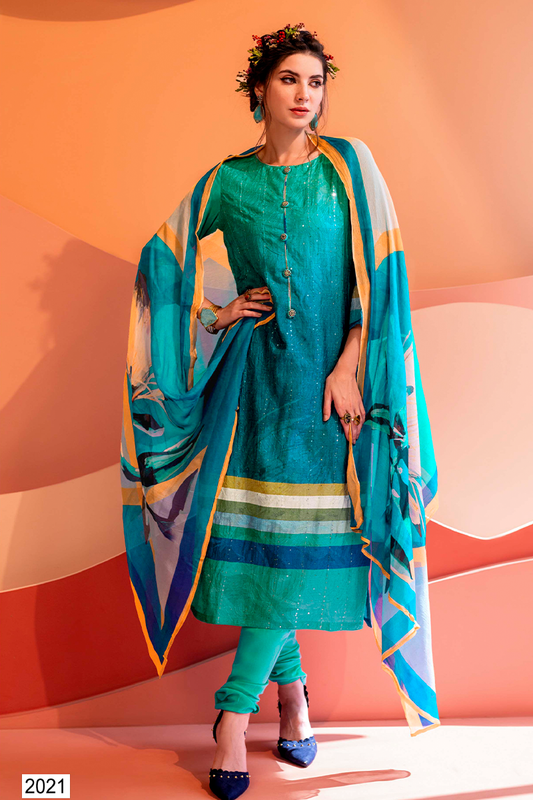 Teal Muslin Sequin Suit Set with Abstract Botanical Print - 3 Piece