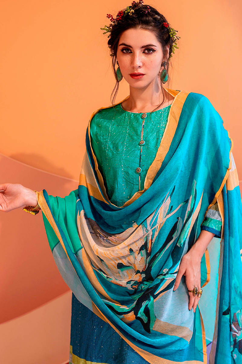 Teal Muslin Sequin Suit Set with Abstract Botanical Print - 3 Piece