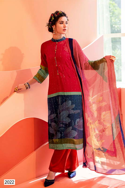 Deep Red Muslin Sequin Suit Set with Printed Dupatta - 3 Piece
