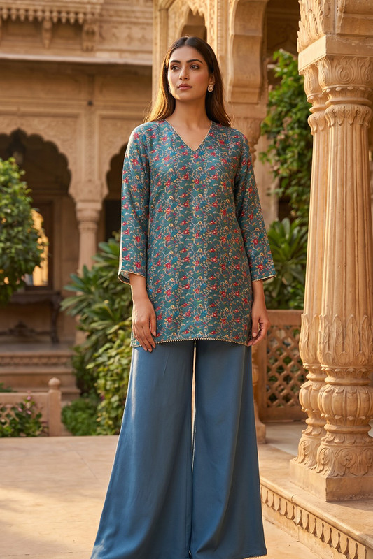 Teal Kalamkari Floral Dola Silk Co-Ord Set
