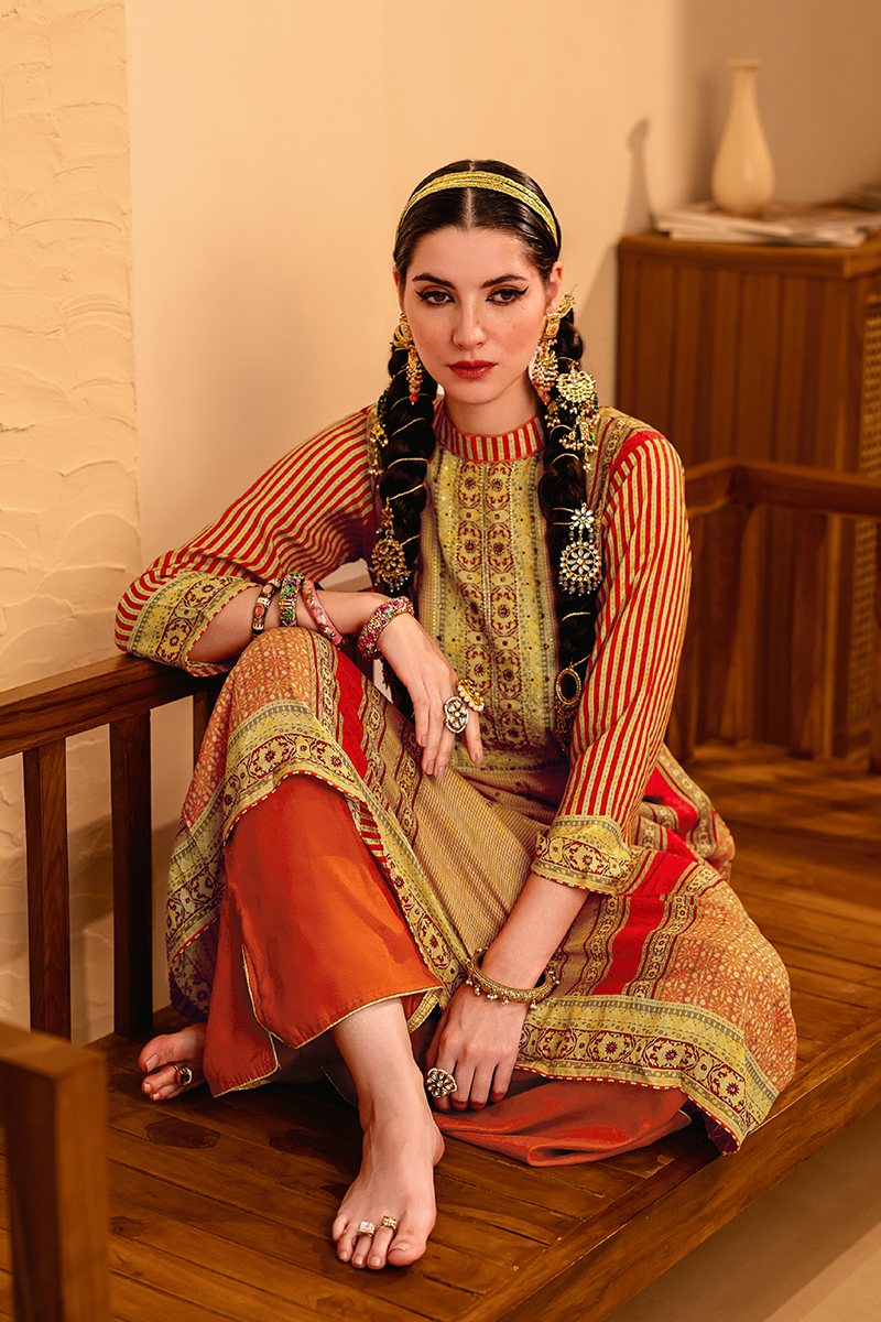 Beige Viscose Muslin Hand Embroidered Suit Set with Rust Palazzo - 3 Piece