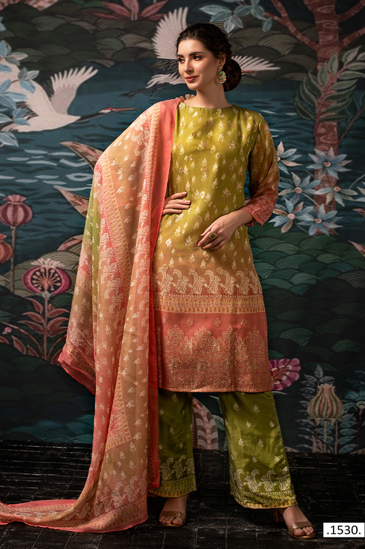 Olive Green Dola Silk Jacquard Butti Suit Set with Peach Dupatta - 3 Piece