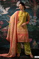 Olive Green Dola Silk Jacquard Butti Suit Set with Peach Dupatta - 3 Piece