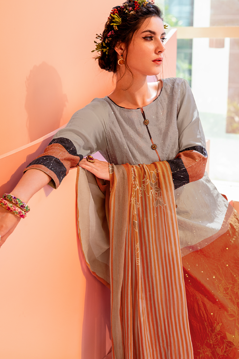 Grey Muslin Sequin Suit Set with Rust Hem & Striped Dupatta - 3 Piece