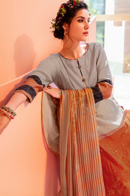 Grey Muslin Sequin Suit Set with Rust Hem & Striped Dupatta - 3 Piece