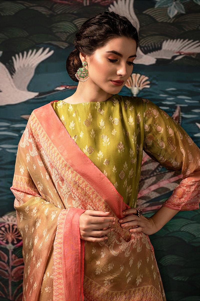 Olive Green Dola Silk Jacquard Butti Suit Set with Peach Dupatta - 3 Piece
