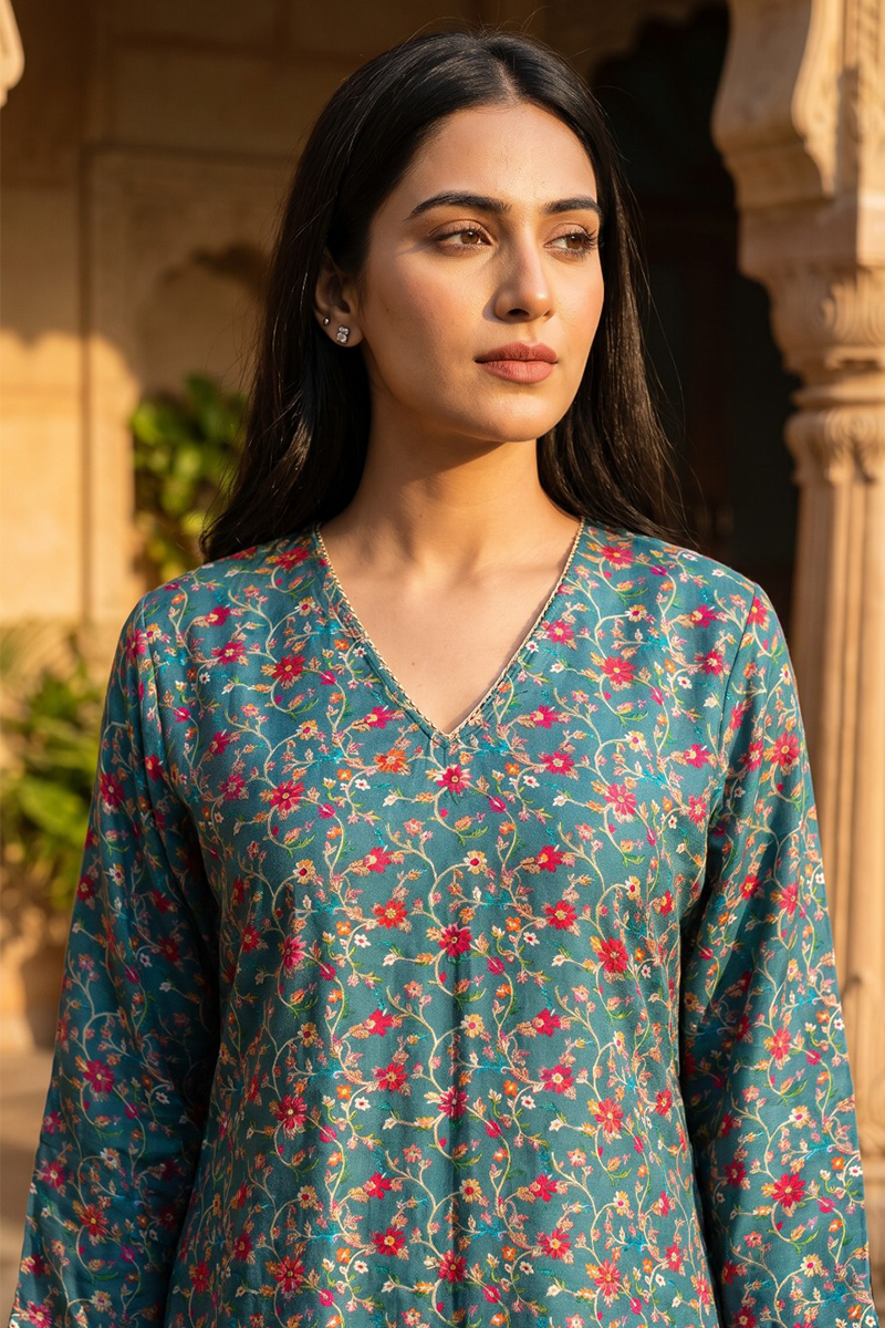 Teal Kalamkari Floral Dola Silk Co-Ord Set