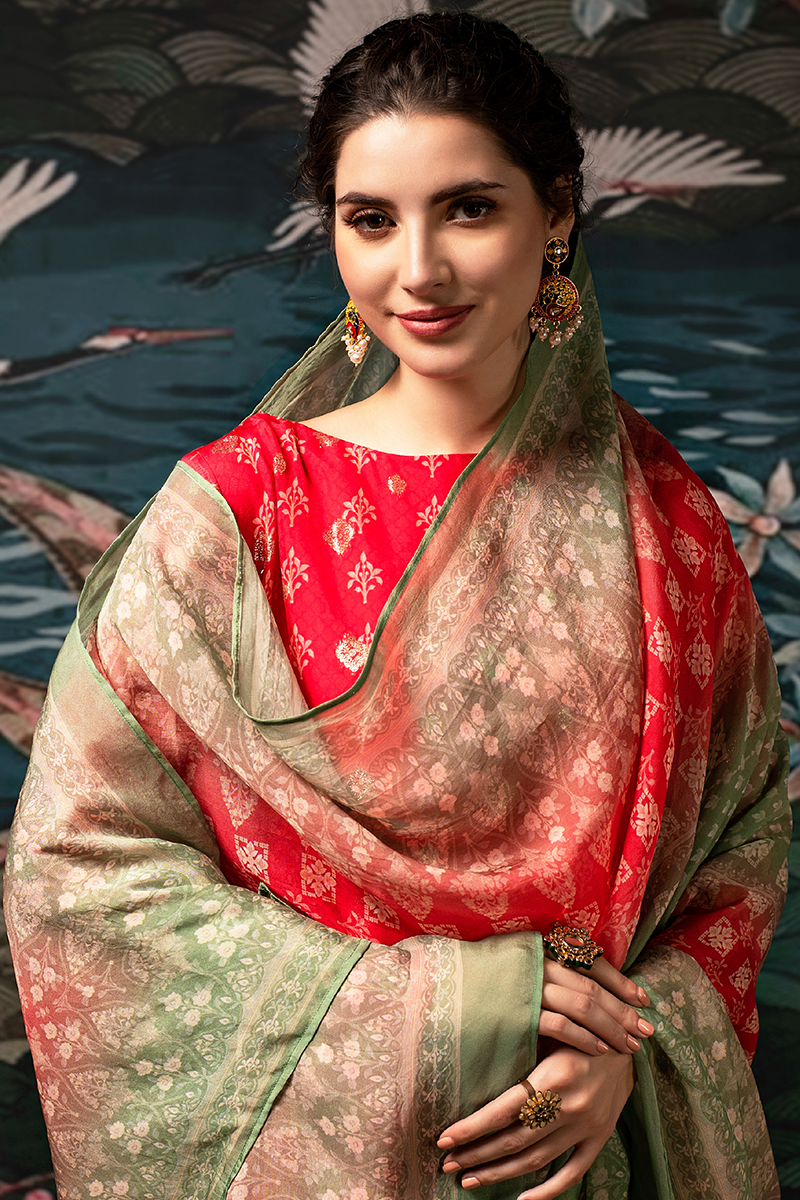 Crimson Red Dola Silk Jacquard Butti Suit Set with Sage Green Dupatta - 3 Piece