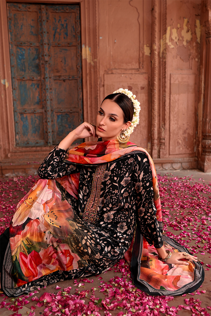 Black Heavy Organza Chikankari Grid & Jacquard Butti Suit Set with Banarasi Floral Dupatta - 3 Piece