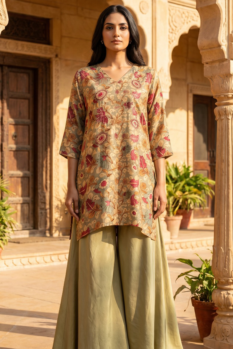 Earthy Floral Vine Kalamkari Co-Ord Set in Dola Silk