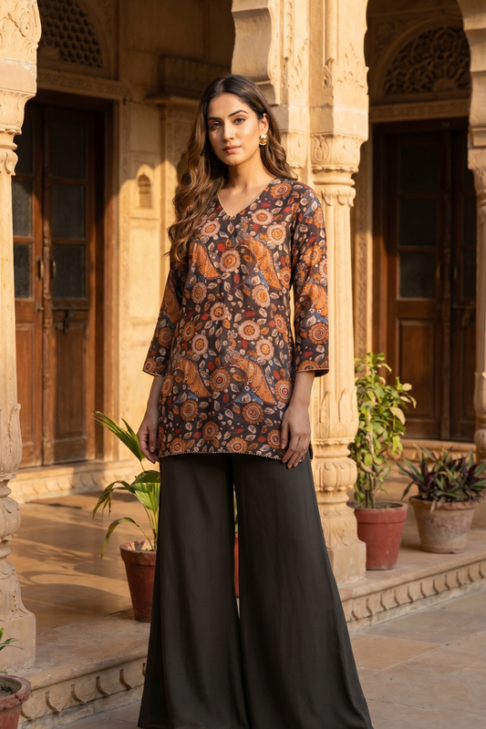Kalamkari Motif 3/4 Sleeve Dola Silk Co-Ord Set