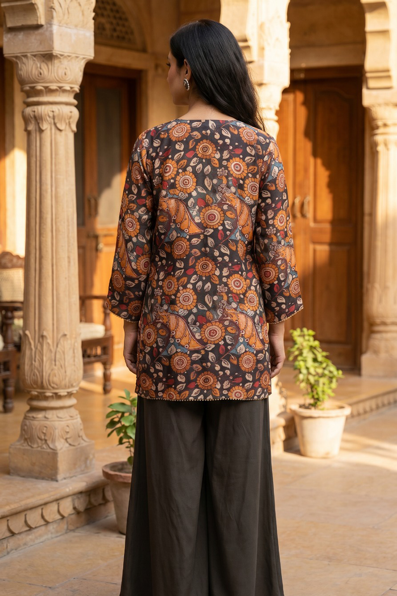 Kalamkari Motif 3/4 Sleeve Dola Silk Co-Ord Set
